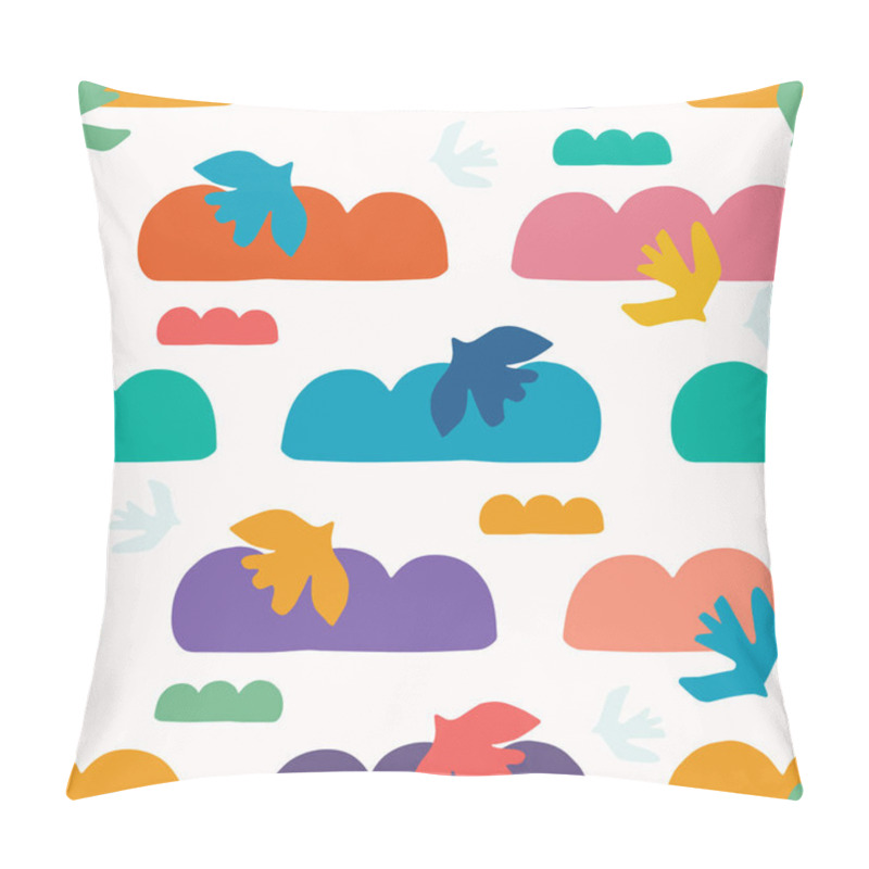 Personality  Abstract Bird Cloud Cut Out Shapes. Vector Pattern Seamless Background. Hand Drawn Matisse Style Collage Graphic Illustration. Trendy Home Decor, Modern Fashion Prints, Kids Wallpaper. Bright Colors. Pillow Covers