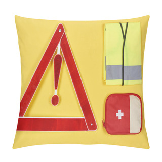 Personality  Top View Of Warning Triangle Road Sign, First Aid Kit And Reflective Vest Isolated On Yellow Pillow Covers