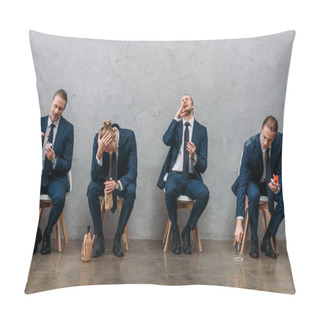 Personality  Collage Of Cloned Businessman Sitting On Chairs And Showing Different Addictions Pillow Covers
