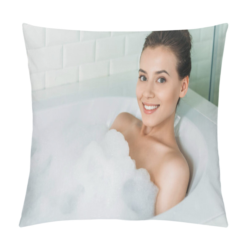 Personality  High Angle View Of Beautiful Happy Girl Relaxing In Bathtub With Foam And Smiling At Camera Pillow Covers