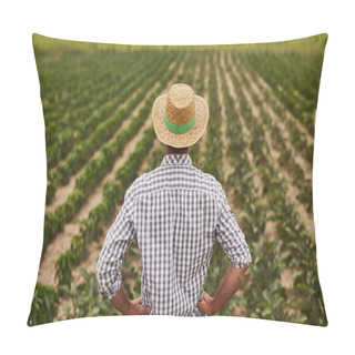 Personality  Farmer In Hat Standing On Green Field Pillow Covers
