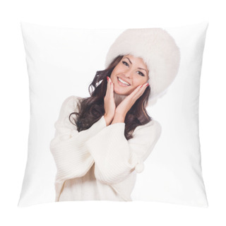 Personality  Beautiful Girl In Fur Hat. Winter Woman Portrait Pillow Covers
