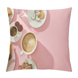 Personality  Top View Of Coffee, Glass Of Water And Delicious Cookies On Pink Background With Copy Space Pillow Covers