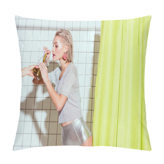 Personality  Beautiful Stylish Woman Taking Pickled Cucumber From Glass Jar In Shower Pillow Covers