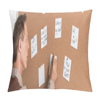 Personality  Panoramic Shot Of Retired Man With Alzheimer Disease Writing On Paper  Pillow Covers