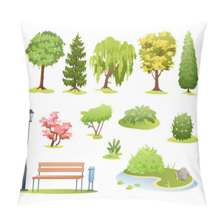 Personality  Forest And Park Trees Vector Illustration. Cartoon Various Green Summer Deciduous And Evergreen Trees, Bushes With Flowers, Fern And Park Or Garden Wooden Bench, Landscape Collection Isolated On White Pillow Covers