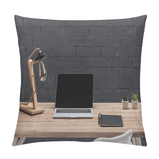 Personality  Modern Workplace With Laptop With Blank Screen, Decor, Lamp And Notebook On Wooden Table Near Black Brick Wall Pillow Covers