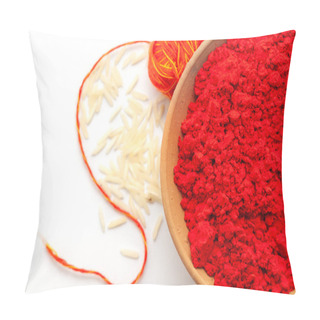 Personality  Top View Of Earthen Pot Filled With Auspicious Red Colored Sindoor, Sprinkled Rice, And Kalawa (pooja Thread). Hindu Pooja Object Over A White Background. Pillow Covers