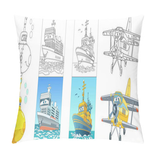 Personality  Coloring Pages. Flying And Marine Transport. Cartoon Clipart Set For Activity Coloring Book, T Shirt Print, Icon, Logo, Label, Patch Or Sticker. Vector Illustration. Pillow Covers