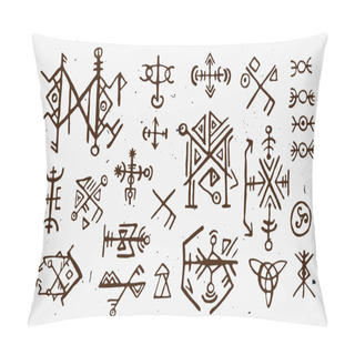 Personality  Futhark Norse Islandic And Viking Runes Set. Magic Hand Draw Symbols As Scripted Talismans. Vector Set Of Ancient Runes Of Iceland. Galdrastafir, Mystic Signs Of Early North Magic. Ethnic Norse Viking Pillow Covers