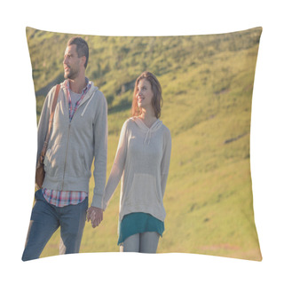 Personality  Young Couple Looking At Panorama On Sunset In Nature Pillow Covers