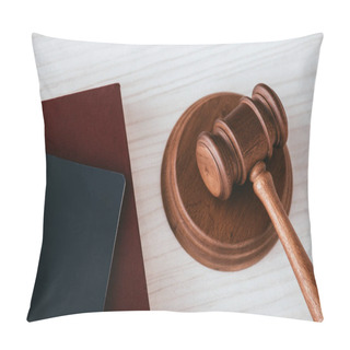 Personality  Wooden Gavel Near Passport And Notebook On Table Pillow Covers