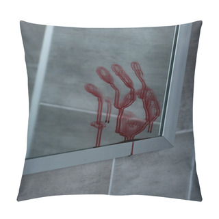 Personality  Selective Focus Of Bloody Handprint On Mirror In Bathroom Pillow Covers