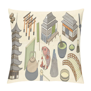 Personality  Japanese Architectures And Food Design In Ukiyo-e Style Pillow Covers