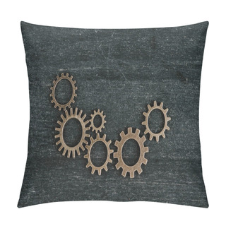 Personality  Top View Of Retro Metal Gears On Dark Wooden Background With Copy Space Pillow Covers