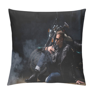 Personality  Handsome Biker In Black Sunglasses Sitting On Floor Next To Motorcycle In Garage Pillow Covers