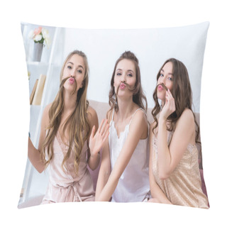 Personality  Beautiful Young Women In Pajamas Holding Hair As Moustaches And Smiling At Camera Pillow Covers