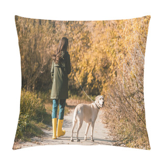 Personality  Back View Of Woman In Yellow Rubber Boots Walking With Golden Retriever In Autumnal Park Pillow Covers