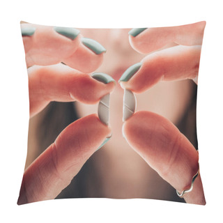 Personality  Partial View Of Woman Showing Crashed Pill In Hands Pillow Covers