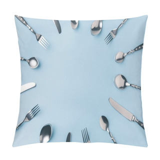 Personality  Flat Lay Of Flatware Frame With Copy Space Isolated On Blue Pillow Covers