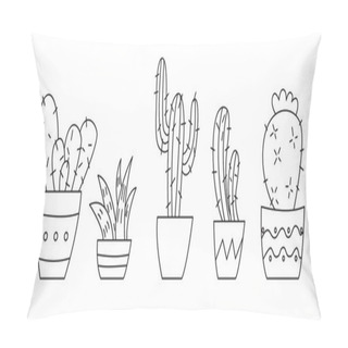 Personality  Vector Set Of Different Outline Cactuses And Succulents In Flowerpots. Isolated On White Background.  Pillow Covers