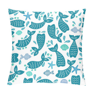 Personality  Seamless Pattern With Mermaid Tails, Starfishes, Jellyfishes, Shells. Blue Nursery Background. Pillow Covers