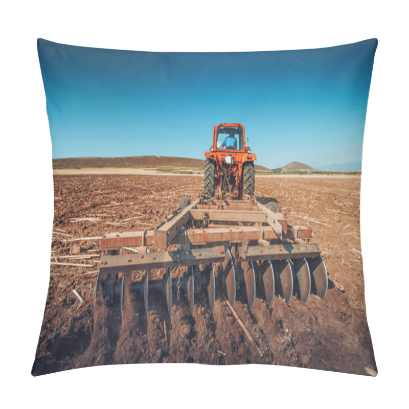 Personality  Farmer In Tractor Preparing Land With Seedbed Cultivator Pillow Covers