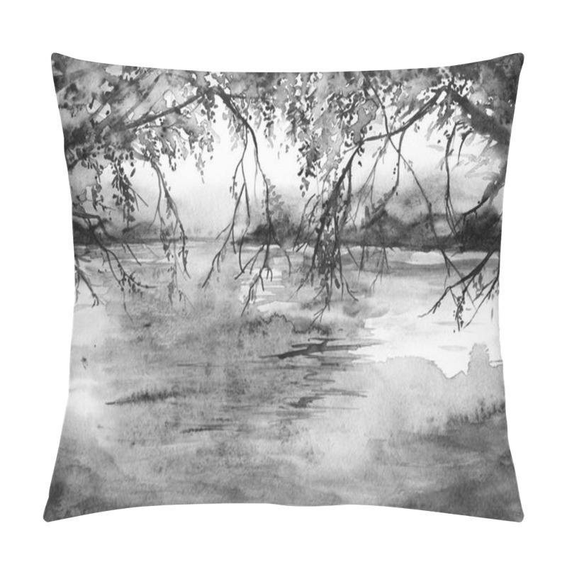 Personality  Watercolor monochrome tree branches river lake landscape pillow covers
