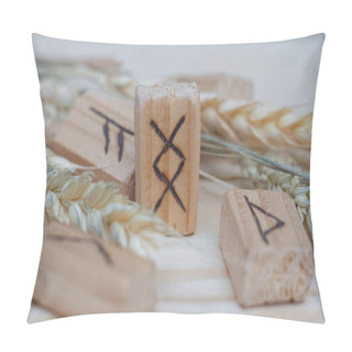 Personality  Several Wooden Runes Laid Out Near Wheat On A Light Background. Attraction Of Good Luck And Good Harves Pillow Covers
