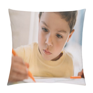 Personality  Selective Focus Of Adorable, Concentrated Boy Drawing With Felt Pen  Pillow Covers