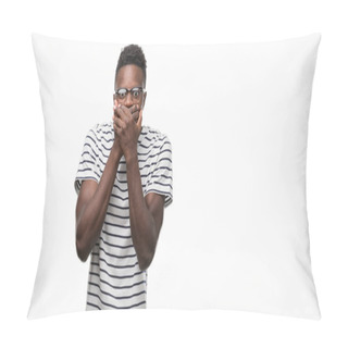 Personality  Young African American Man Wearing Glasses And Navy T-shirt Shocked Covering Mouth With Hands For Mistake. Secret Concept. Pillow Covers
