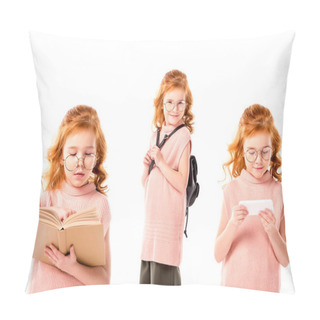 Personality  Collage With Schoolgirl In Glasses Standing With Book, Backpack And Smartphone, Isolated On White Pillow Covers