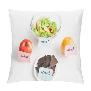 Personality  Fresh Fruits, Chocolate And Salad With Calories On Cards On White Background, Calorie Counting Diet Pillow Covers