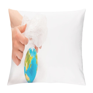 Personality  Cropped View Of Woman Holding Plastic Bag Above Globe On White, Global Warming Concept Pillow Covers