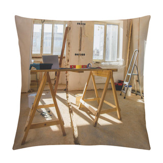 Personality  Room With Scaffold With Tools And Laptop During Renovation Of Home Pillow Covers