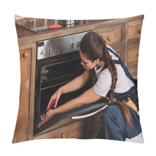 Personality  Young Repairwoman Repairing Oven With Screwdriver Pillow Covers