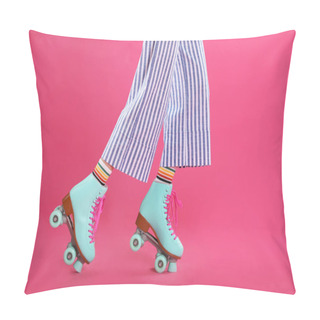 Personality  Young Woman With Retro Roller Skates On Color Background, Closeup Pillow Covers