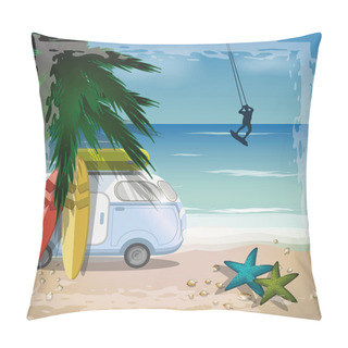 Personality  Summer Beach Vector Concept With Surfer And Retro Bus On The Beach Pillow Covers