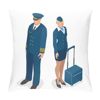 Personality  Captain Of The Aircraft And A Beautiful Flight Attendant In A Dark Blue Uniform, Isolated On White Background. Vector 3d Flat Isometric Illustration Pillow Covers