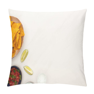 Personality  Top View Of Tequila With Lime, Chili Pepper And Nachos In Plate On White Marble Surface Pillow Covers