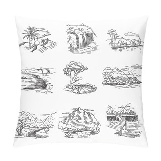 Personality  Hand Drawn Rough Draft Doodle Sketch Nature Landscape Illustration With Sun Hills Sea Forest Waterfall Pillow Covers