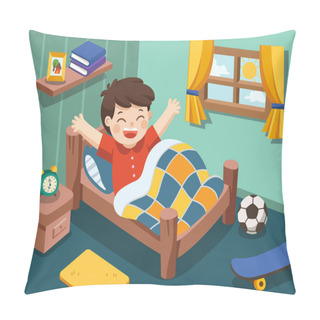 Personality  A Little Boy Wake Up In The Morning. Isolated Vector. Pillow Covers