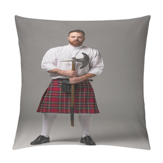 Personality  Scottish Redhead Man In Red Kilt With Battle Axe On Grey Background Pillow Covers