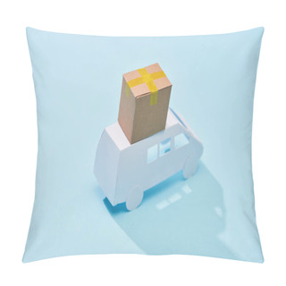 Personality  White Mini Van With Closed Cardboard Box On It On Blue Background Pillow Covers