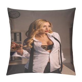 Personality  Seductive Woman Posing With Glass Of Whiskey And Looking Away Pillow Covers