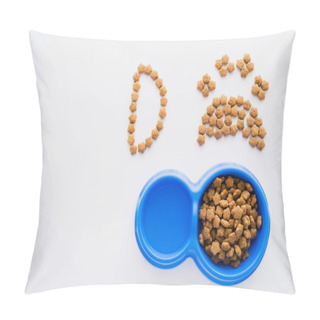 Personality  Top View Of Paw Shape Made Of Dry Pet Food Near Letter And Bowls Isolated On White Pillow Covers