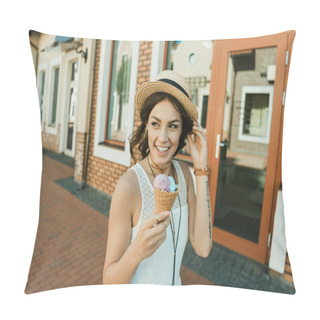 Personality  Young Woman Eating Ice Cream  Pillow Covers