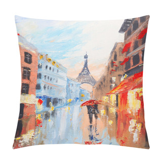 Personality  Couple Walking On The Streets Of Paris Against The Backdrop Of The Eiffel Tower, Abstract Oil Painting Pillow Covers