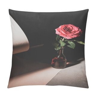 Personality  Pink Rose Flower In Glass Bottle On Stone Table With Sheets Of Paper Isolated On Black Pillow Covers