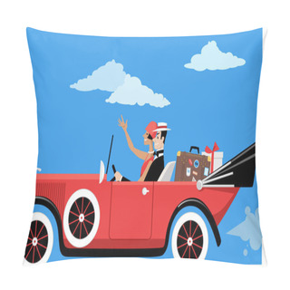 Personality  Glam 1920s Couple Travels In A Vintage Cabriolet Car With Luggage, EPS 8 Vector Illustration Pillow Covers